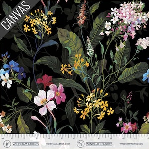 May include: Black canvas fabric with a vibrant floral design. The pattern features colorful flowers in shades of pink, yellow, white, and blue, set against a backdrop of lush green leaves and a black background. The word "CANVAS" is printed in white.