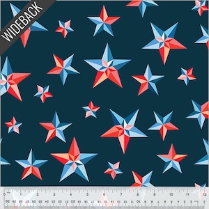 May include: Navy blue fabric with a repeating pattern of geometric stars in red, light blue, and white. The word "WIDEBACK" is printed diagonally across the top left corner. A ruler is at the bottom of the image.