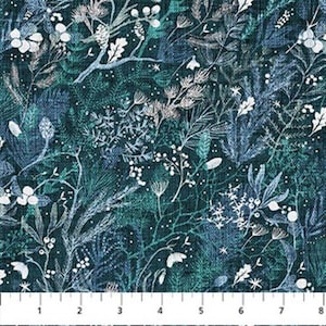 May include: A dark teal fabric featuring a dense botanical pattern of white and light blue pine branches, berries, and various leaves. A white ruler with black markings is visible at the bottom, showing measurements in inches from 1 to 8.