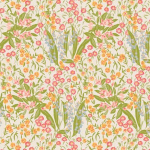May include: A floral pattern featuring a cream background with a dense arrangement of flowers. The design includes pink, yellow, and blue flowers, with green leaves and stems. The overall aesthetic is reminiscent of a meadow or garden.