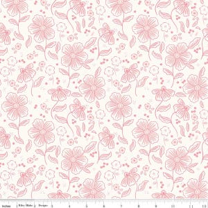May include: Floral fabric with a repeating pattern of pink flowers and leaves on a cream background. The flowers are outlined in pink, creating a delicate and feminine design. The fabric is measured in inches.