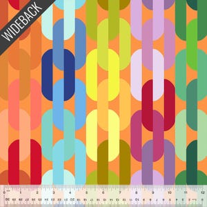 May include: A repeating pattern of colorful, overlapping ovals on an orange background. The ovals are arranged in vertical rows, creating a chain-like effect. The colors include red, orange, yellow, green, blue, and purple.