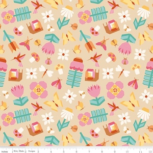 May include: A repeating pattern of stylized flowers, hummingbirds, butterflies, and geometric shapes in shades of pink, orange, yellow, and teal on a beige background. The design includes various floral and insect elements.