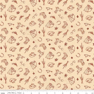 May include: Tan fabric with a repeating pattern of cowboy-themed illustrations in brown. The design includes horses, saddles, hats, horseshoes, cacti, and other Western motifs. The fabric has a distressed, vintage look.