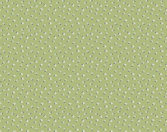 May include: A green fabric with a repeating pattern of small white flowers with blue centers. The fabric is 12 inches wide.