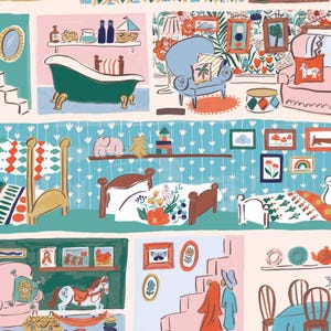 May include: A whimsical illustration featuring various rooms with furniture and decor. The image includes a bathroom with a green bathtub, a living room with a blue armchair, and bedrooms with beds. The style is colorful and detailed, with a playful, storybook aesthetic.