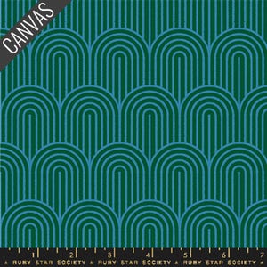 May include: A fabric with a repeating pattern of teal arches on a dark green background. The word "CANVAS" is in the upper left corner. The text "RUBY STAR SOCIETY" is at the bottom.