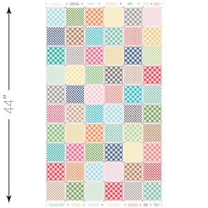 May include: A colorful gingham fabric with 44 rows of squares. Each square is a different color and pattern, including red, blue, green, yellow, and orange. The fabric is perfect for quilting, crafting, and other sewing projects.