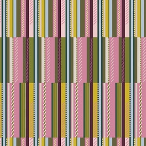 May include: Abstract pattern with vertical stripes in shades of pink, green, yellow, blue, and purple. The stripes are arranged in a repeating pattern, creating a geometric design.