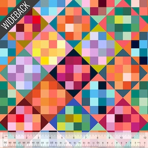 May include: A colorful geometric pattern with squares and triangles in shades of pink, red, orange, yellow, green, blue, and purple.