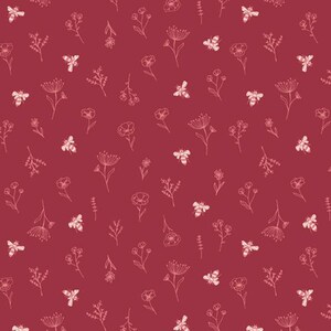 May include: A seamless pattern featuring a deep red background adorned with delicate white line drawings of flowers and bees. The design includes various floral shapes and insect illustrations, creating a whimsical and nature-inspired aesthetic.