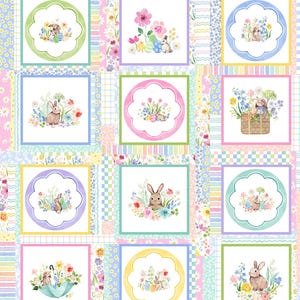 May include: A colorful Easter-themed fabric panel featuring a patchwork design. Each square showcases watercolor illustrations of bunnies, flowers, and Easter eggs within decorative frames. The background has floral and striped patterns.