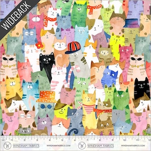 May include: A colorful fabric featuring a repeating pattern of whimsical cats in various poses and colors. Some cats wear hats, sunglasses, and scarves. The fabric has the text "WIDEBACK" and "WINDHAM FABRICS".
