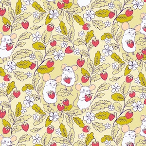 May include: A whimsical pattern featuring white mice holding red strawberries amidst green and yellow foliage, white flowers, and more strawberries. The design has a light yellow background, creating a cheerful and playful aesthetic.