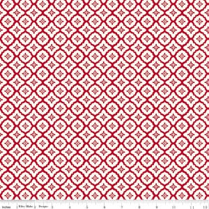 May include: A fabric with a repeating pattern of red floral shapes on a white background. The design is symmetrical, with each floral element enclosed within a square. The fabric is suitable for quilting and other craft projects.