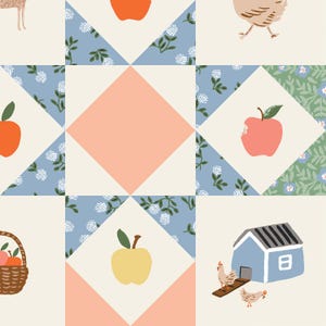 May include: A quilt fabric pattern featuring a grid of squares with illustrations of apples, chickens, a blue coop, and a woven basket. The design includes alternating blocks of solid cream, soft peach, and blue floral prints with white flowers.