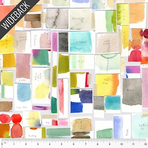 May include: A fabric print featuring a collage of watercolor-painted rectangles and squares in various colors. Each piece has handwritten words like "dreams," "love," and "hope." The word "WIDEBACK" is printed in a black diagonal banner.
