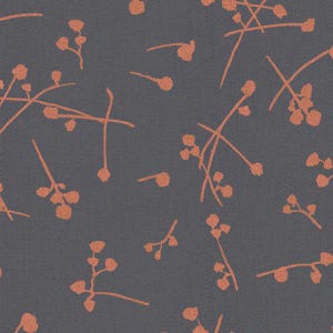 May include: A seamless pattern featuring a dark gray background with a subtle texture. Delicate, coral-colored floral sprigs and small, round shapes are scattered across the surface, creating a natural, organic design.