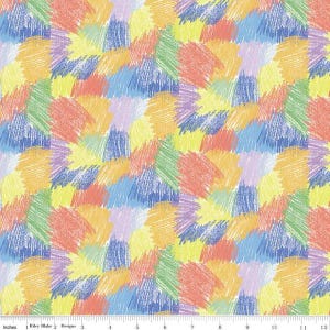 May include: A colorful fabric with a repeating pattern of crayon-like scribbles in various colors, including yellow, orange, red, blue, green, and purple. The design is reminiscent of a child's drawing, with a playful and vibrant aesthetic.
