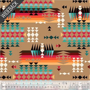 May include: A tan fabric with a geometric pattern in shades of red, turquoise, orange, and black. The design includes triangles, diamonds, and horizontal stripes. The word "WIDEBACK" is printed diagonally across the top left corner.
