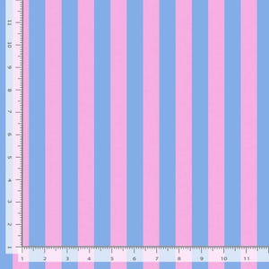 May include: A fabric with vertical stripes in alternating shades of light blue and pink. The stripes are approximately 1 inch wide. A ruler is visible along the left and bottom edges, with markings from 1 to 11 inches.