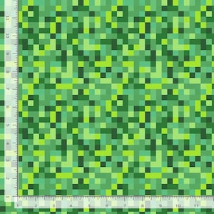 May include: A green pixelated pattern fabric with varying shades of green and a grid-like design. The fabric has a repeating pattern of small squares, creating a textured appearance. The design is reminiscent of a digital or retro aesthetic.