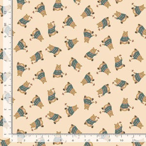 May include: A fabric with a repeating pattern of cartoon bears wearing blue and tan sweaters. The bears are on a light beige background. The bears are in various poses, some with their arms raised. The fabric is suitable for sewing projects.