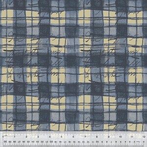 May include: Fabric with a plaid pattern in shades of blue and beige. The design features a grid of dark blue lines over lighter blue and beige squares. Handwritten script is overlaid on the pattern.