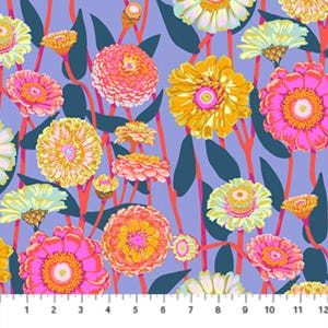 May include: A floral fabric design featuring vibrant zinnias in shades of pink, yellow, and orange against a light purple background. The flowers are interspersed with dark teal leaves and red stems, creating a colorful and lively pattern.