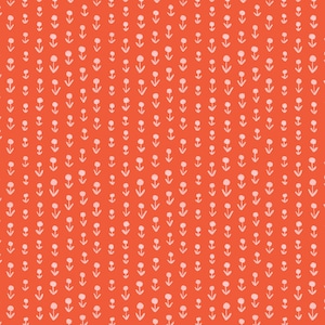 May include: A repeating pattern of small, light pink flowers with stems and arrows on a bright orange background. The floral design is evenly spaced, creating a consistent and visually appealing texture.