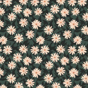 May include: A repeating pattern of light peach-colored daisy-like flowers with dark green leaves on a dark green background. The flowers have multiple petals and a yellow center. The leaves are long and pointed.