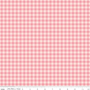 May include: Pink and white gingham fabric with a repeating checkered pattern. The fabric is measured in inches, with a ruler along the bottom edge. The fabric is from Riley Blake Designs.
