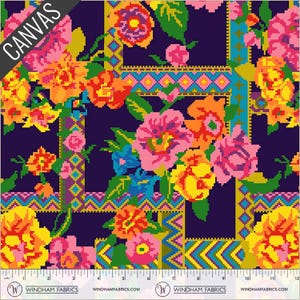 May include: A vibrant floral fabric with a dark blue background. The design features colorful pixelated flowers in shades of pink, orange, yellow, and blue, with green leaves. The word "CANVAS" is printed diagonally in white. The fabric is 12 inches wide.