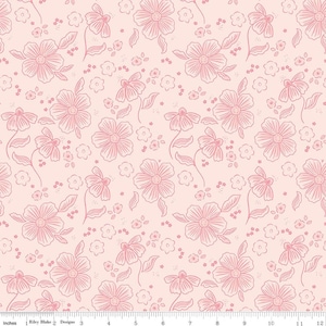 May include: A seamless pattern featuring a delicate floral design. The pattern showcases pink flowers and leaves on a light pink background. The flowers are detailed with outlines, creating a soft, feminine aesthetic. The fabric measures 12 inches wide.