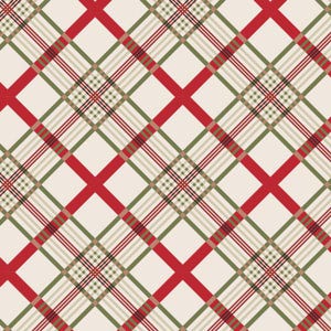 May include: A seamless pattern featuring a classic plaid design. The pattern incorporates a cream-colored background with intersecting red stripes and thinner stripes in green, beige, and black, creating a festive and timeless look.