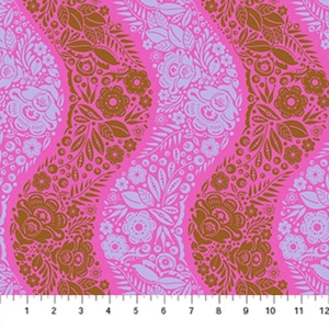 May include: A vibrant pink fabric with a repeating floral pattern. The design features stylized flowers and leaves in shades of brown and light purple, arranged in curved vertical stripes. The fabric is measured in inches.