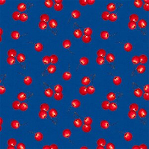 May include: A pattern of bright red cherries with green stems scattered across a deep blue background. The cherries are clustered in pairs and singles, creating a vibrant and playful design. This pattern is suitable for fabric or wallpaper.