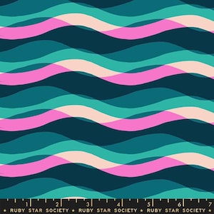 May include: Fabric with a repeating wave pattern in shades of teal, pink, and cream on a dark blue background. The fabric has a ruler along the bottom with the text "RUBY STAR SOCIETY".