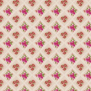 May include: A seamless pattern featuring a repeating design of pink and green floral bouquets on a cream background.