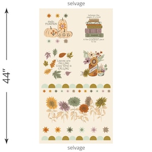 May include: A cream-colored fabric panel measuring 44 inches wide, featuring autumn-themed illustrations including pumpkins, stacked books, falling leaves, coffee mugs, and sunflowers. The text reads Hello PUMPKIN, between the pages of a book is the COZIEST place to be, and Leaves are FALLING Cozy time is CALLING.