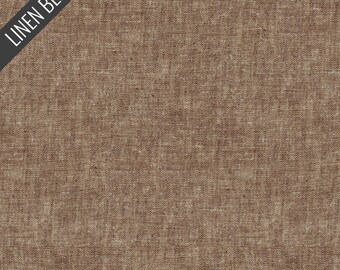 May include: Close-up of a brown linen blend fabric. The fabric has a textured appearance with a woven pattern. The words "LINEN BLEND" are printed in white on a black diagonal banner in the upper left corner.