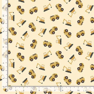 May include: A light yellow fabric with a repeating pattern of cartoon construction vehicles, including dump trucks and excavators. The vehicles are in shades of yellow, brown, and black, creating a playful design.