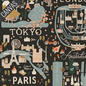 May include: A black and white illustrated map of Paris, Tokyo, Amsterdam, and London. The map features iconic landmarks and text in each city's name. The map is on a canvas background.