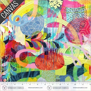 May include: Colorful abstract canvas fabric with a vibrant mix of shapes and colors. The design includes geometric shapes, curved lines, and splashes of red, blue, yellow, and green. The word "CANVAS" is printed in the upper left corner.