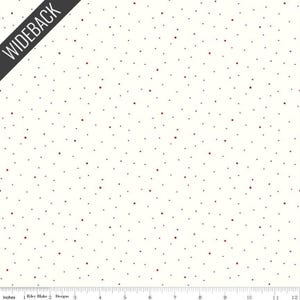 May include: White fabric with a repeating pattern of small black and red dots.