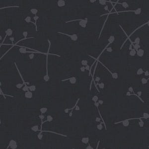 May include: Dark gray fabric with a repeating pattern of stylized, light gray floral sprigs. The sprigs have small, round buds and thin, curved stems, creating a delicate, organic design across the surface.