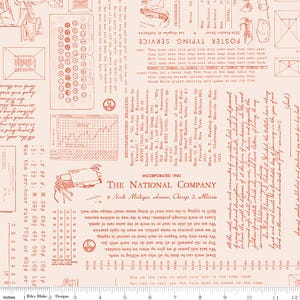 May include: A vintage-style fabric with a repeating pattern of typewriter keys, text, and graphs in a muted peach color. The design includes text from a typing service and business-related content.