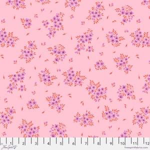 May include: Pink fabric with a repeating pattern of small purple and orange floral bouquets. The fabric is measured in inches.