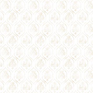 May include: White wallpaper with a repeating pattern of stylized floral motifs in a soft, muted gold color. The design features an ornate, damask-like arrangement, creating a textured and elegant aesthetic. The overall look is classic and suitable for various interior design styles.