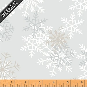 May include: A light gray fabric with a repeating pattern of white and gray snowflakes. The fabric has a subtle sheen and a soft texture.